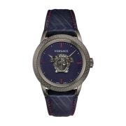 Blauw Leren Quartz Horloge Versace , Gray , Heren
