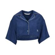 Monogram Linnen Crop Shirt Indigo Blauw Palm Angels , Blue , Dames