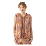 Blokdruk Katoenen Mouwloze Gilet Antik Batik , Orange , Dames