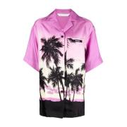 Oversized Zijden Twill Bowling Shirt met Sunset Print Palm Angels , Pu...