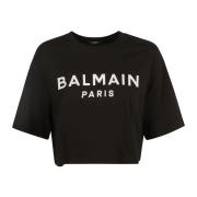 Logo-Print Crop T-shirt Balmain , Black , Dames