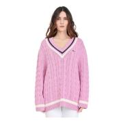 Roze V-hals Sweater met Gevlochten Textuur Lacoste , Pink , Dames