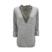 Parel Linnen Blouse met Kralenversieringen 120% Lino , White , Dames