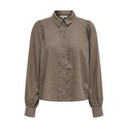 Linnen Pofmouw Blouse Only , Brown , Dames