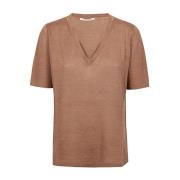 Bruine Linnen V-hals Cut Out T-shirt Kangra , Brown , Dames