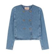 Blauwe Denim Double-Breasted Jas Twinset , Blue , Dames
