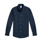 Navy Regular Fit Katoenen Seersucker Sportshirt met Button Down Kraag ...