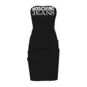 Zwarte Jurken Rechte Hals Mouwloos Logo Moschino , Black , Dames