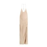 Satin V-Hals Jurk met Frontale Split The Nina Studio , Beige , Dames