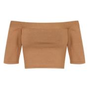 Zijde Stretch Off-Shoulder Crop Top Cortana , Brown , Dames