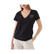 Zwarte V-hals T-shirt met glanzend logo Pinko , Black , Dames