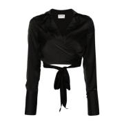 Satin V-Hals Zwarte Shirt Blugirl , Black , Dames