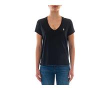 Zwarte V-hals Katoenen T-shirt Ralph Lauren , Black , Dames