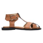 Bruin Leren Platte Sandalen Urban Stijl Estro , Brown , Dames