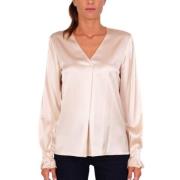 Zijden V-hals Blouse met Elastische Manchetten Pinko , Beige , Dames