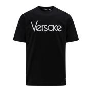 Zwart Geribbeld T-shirt met Borduursel Versace , Black , Heren