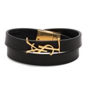 Zwart en Goud Logo-Plaque Leren Armband Saint Laurent , Black , Dames