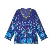 Elegant V-Neck Floral Embroidered Shirt Maliparmi , Blue , Dames