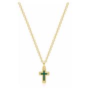 Men's Sterling Silver Gold Plated Mini Cross Necklace with Green Ename...