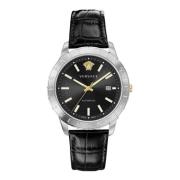 Heren Leren Band Datum Venster Horloge Versace , Gray , Heren