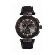 Greca Chrono Zwart Leren Chronograaf Horloge Versace , Black , Heren