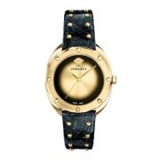 Zwart Lederen Gouden Roestvrijstalen Horloge Versace , Yellow , Dames