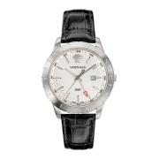 GMT Zwart Leder Zilver Roestvrij Stalen Horloge Versace , Gray , Heren