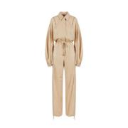 Chinched Cotton Poplin Zipped Jumpsuit Iceberg , Beige , Dames