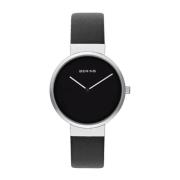 Klassiek Zwart Leren Quartz Horloge Bering , Black , Dames