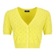 Gele Viscose Cardigan met Strass Logo Elisabetta Franchi , Yellow , Da...