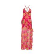 Fuchsia Chiffon Heart Print Maxi Dress Versace Jeans Couture , Multico...