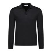 Zwart Linnen Polo Lange Mouw Johnny Kraag Gran Sasso , Black , Heren