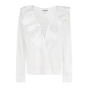 Ruffle V-hals Blouse Ganni , White , Dames