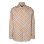 Beige Katoenen Shirt Iconisch Ruitmotief Burberry , Beige , Heren