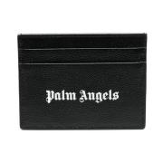 Zwarte Leren Kaarthouder met Bedrukt Logo Palm Angels , Black , Heren