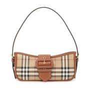 Geruite Schoudertas met Leren Handvat Burberry , Beige , Dames