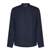 Blauwe Hennep Bandkraag Shirt Brunello Cucinelli , Blue , Heren