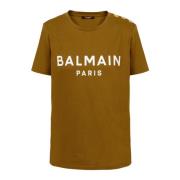 Katoenen T-shirt met logoprint Balmain , Green , Dames