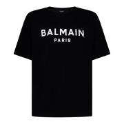 Zwart Logo Print Katoenen T-shirt Balmain , Black , Heren
