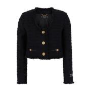 Zwart Tweed Crop Jacket U-Halslijn Versace , Black , Dames
