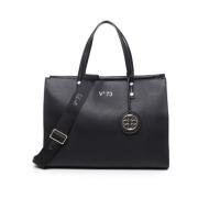 Zwarte Leren Tas met Metallic Logo V73 , Black , Dames