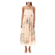 Bloemen Linnen Midi Jurk met Taille Uitsparingen Zimmermann , Multicol...