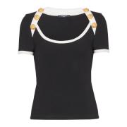 Twee-tone T-shirt met knoopdetails Balmain , Black , Dames