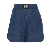 Blauwe Logo Patch Elastische Shorts Palm Angels , Blue , Dames