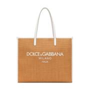 Neutrale Raffia Shopper met Logo Dolce & Gabbana , Beige , Dames
