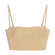 Stijlvolle Beige Leren Crop Top Off White , Beige , Dames