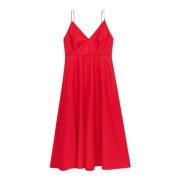 Lang Poplin Zomerjurk met Ajour Detail Oltre , Red , Dames