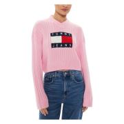 Roze Gebreide V-hals Trui Tommy Hilfiger , Pink , Dames