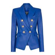 Leren jas met dubbele rij knopen Balmain , Blue , Dames