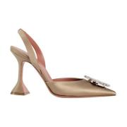 Kristallen Broche Slingback Satijn Hakken Amina Muaddi , Beige , Dames